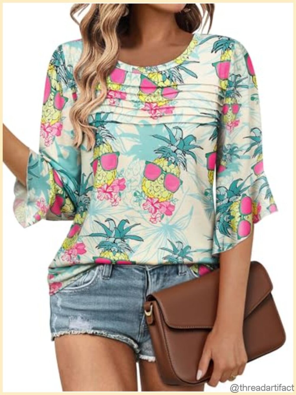 Women's 3/4 Sleeve Ruffle Bell Sleeve Floral Blouse Crew Neck Tunic Top